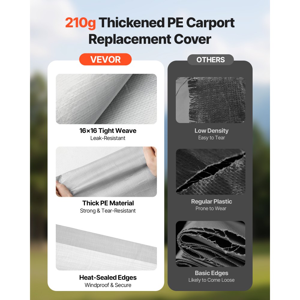VEVOR Carport Replacement Canopy, 10 x 20 ft Potable Garage Tent Top Tarp, UV-Resistant & Waterproof Car Shelter Tarp, Heavy Duty Car Port Cover with Ball Buggees, Grey, Frame Not Included