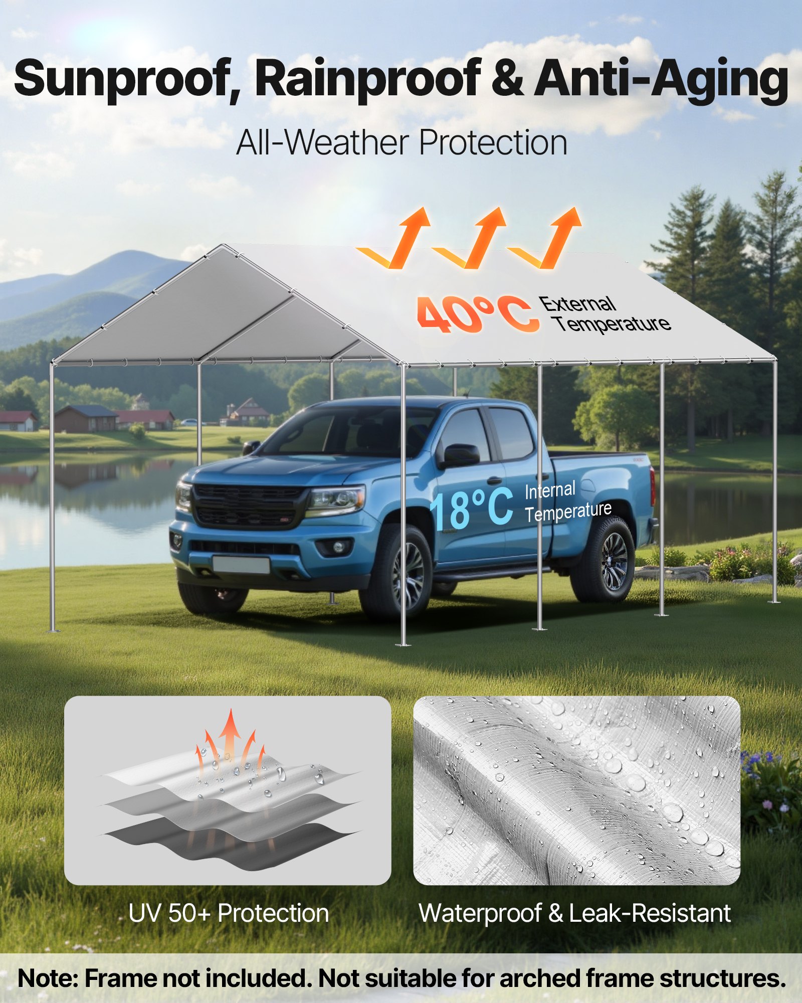 VEVOR Carport Replacement Canopy, 10 x 20 ft Potable Garage Tent Top Tarp, UV-Resistant & Waterproof Car Shelter Tarp, Heavy Duty Car Port Cover with Ball Buggees, Grey, Frame Not Included