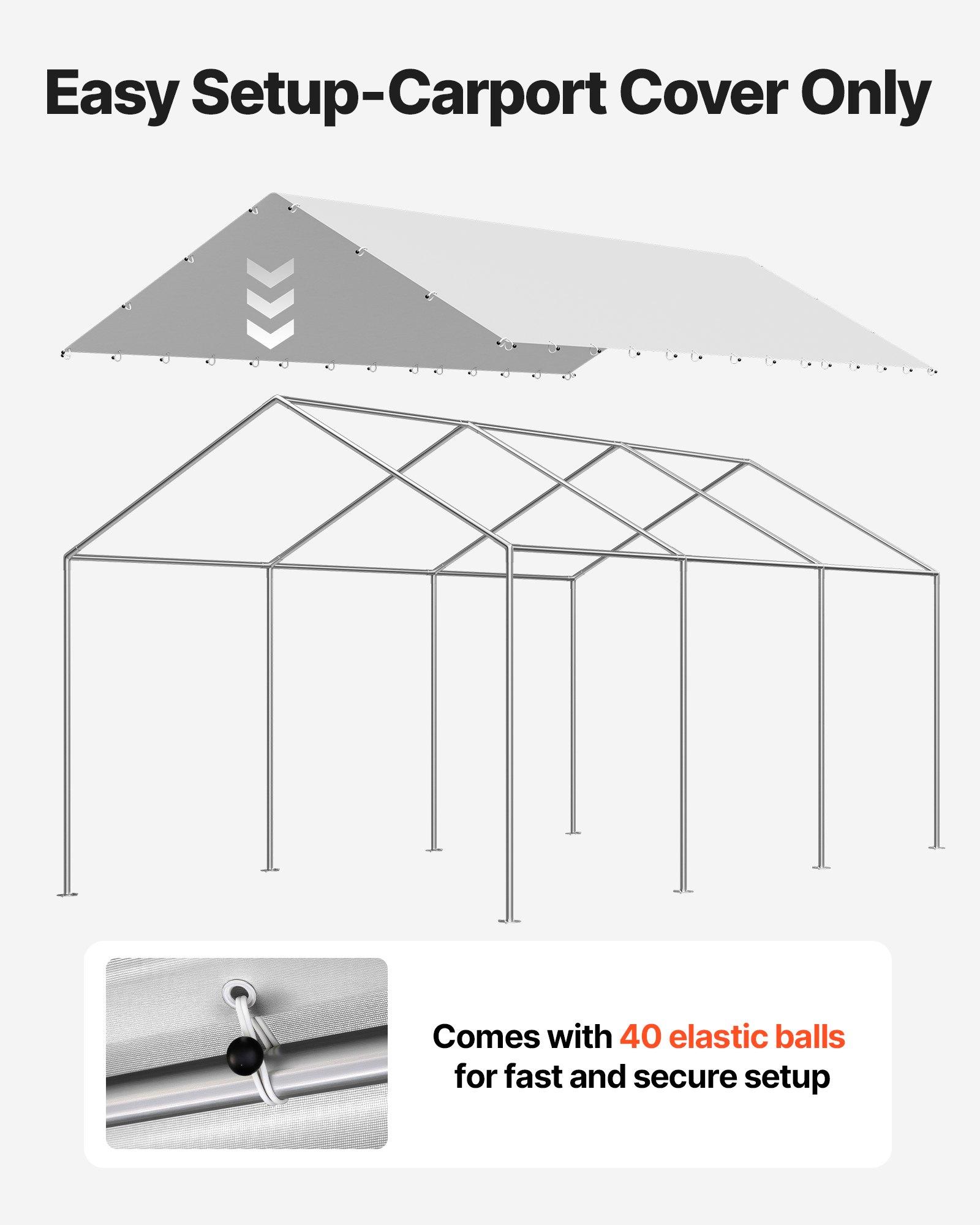 VEVOR Carport Replacement Canopy, 10 x 20 ft Potable Garage Tent Top Tarp, UV-Resistant & Waterproof Car Shelter Tarp, Heavy Duty Car Port Cover with Ball Buggees, Grey, Frame Not Included