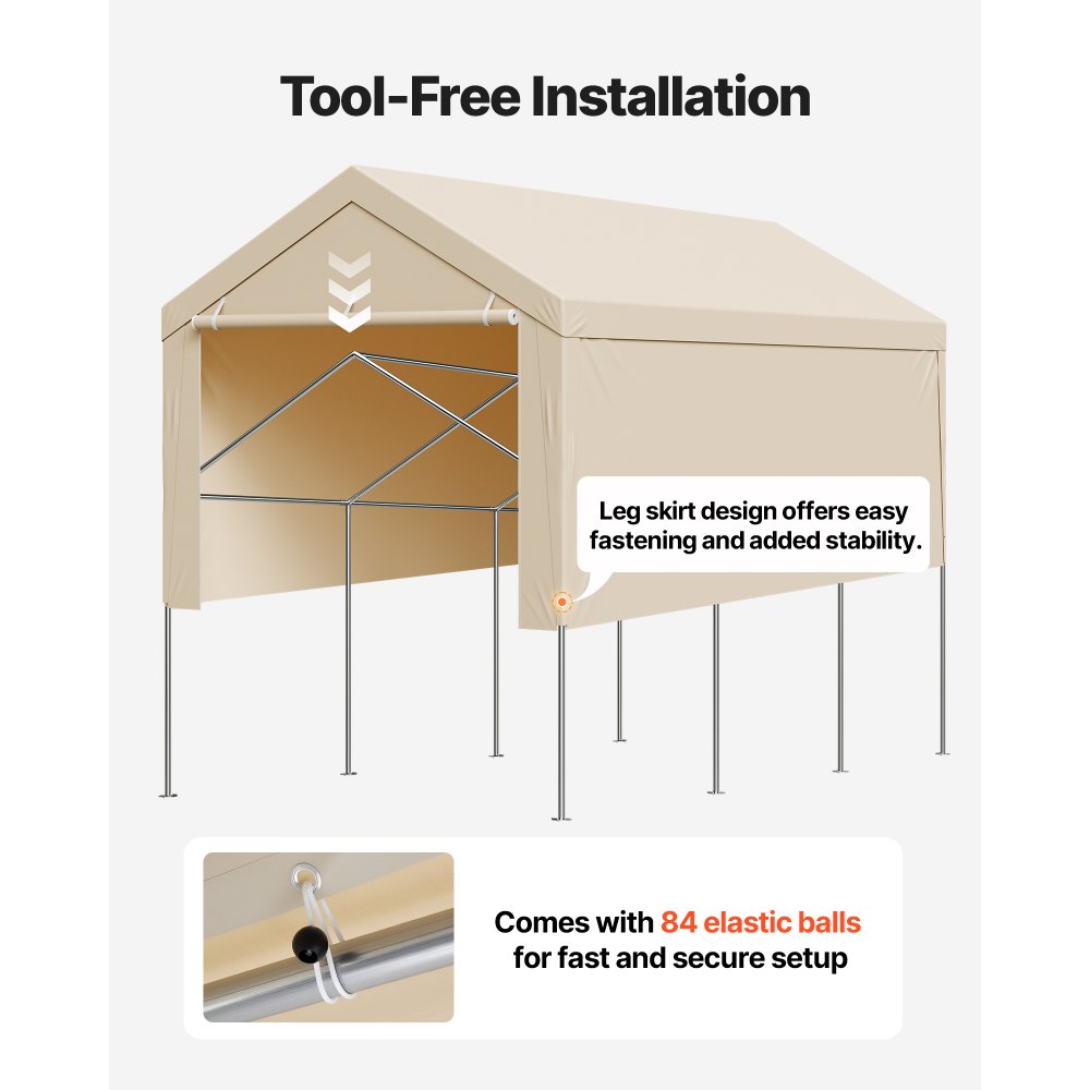 VEVOR Carport Replacement Canopy, 10 x 20 ft Potable Garage Tent Top Tarp with Sidewalls, UV-Resistant & Waterproof, Heavy Duty Car Shelter Tarp with Ball Buggees, Beige, Frame Not Included