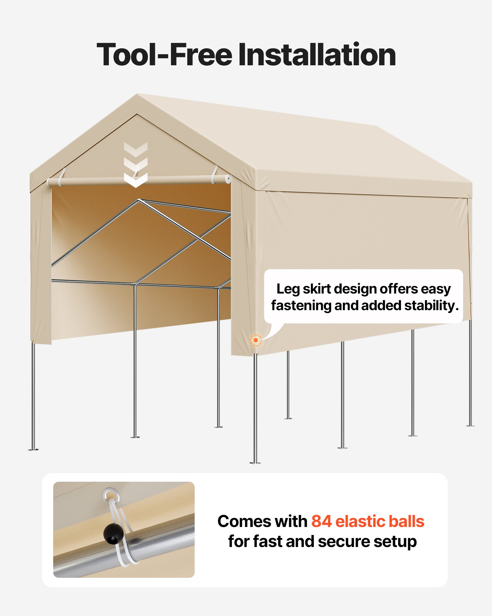 VEVOR Carport Replacement Canopy, 10 x 20 ft Potable Garage Tent Top Tarp with Sidewalls, UV-Resistant & Waterproof, Heavy Duty Car Shelter Tarp with Ball Buggees, Beige, Frame Not Included