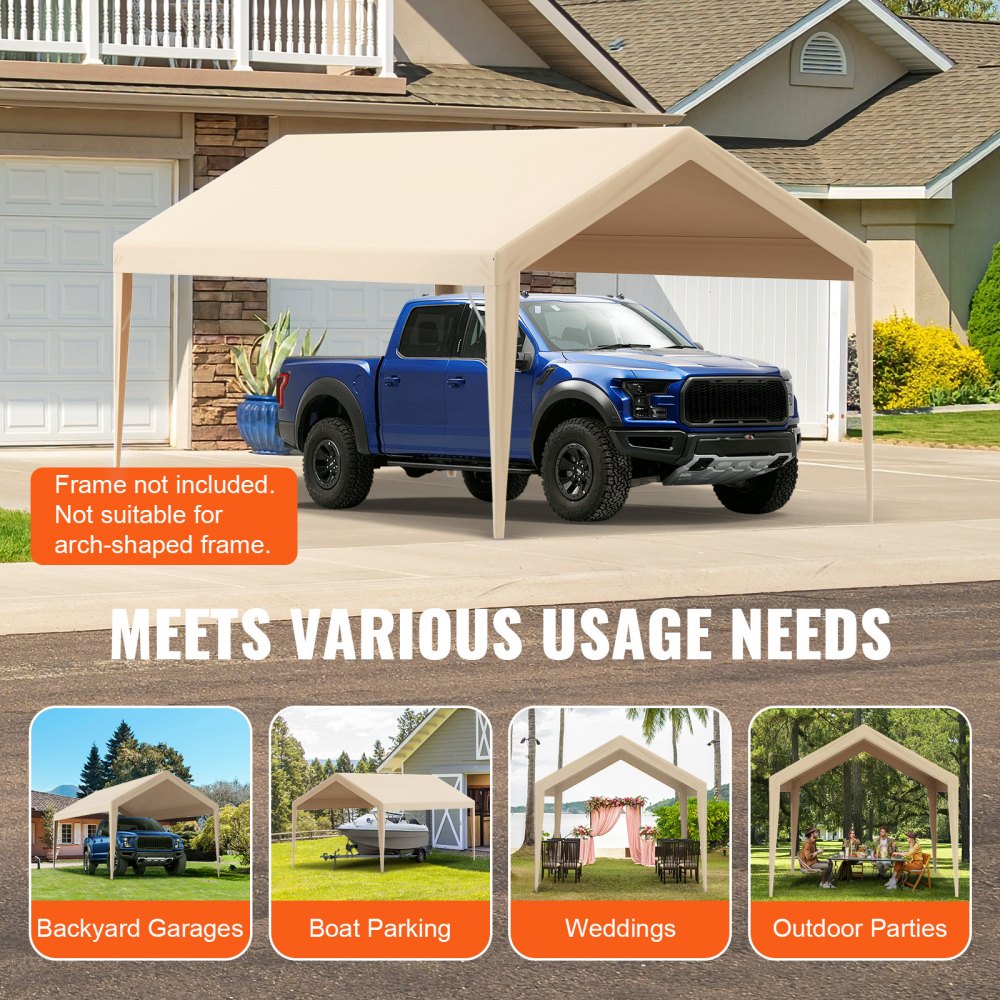 VEVOR Carport Replacement Canopy Cover 10 x 20 ft, Garage Top Tent Shelter Tarp Heavy-Duty Waterproof & UV Protected, Easy Installation with Ball Bungees,Beige (Only Top Cover, Frame Not Include)