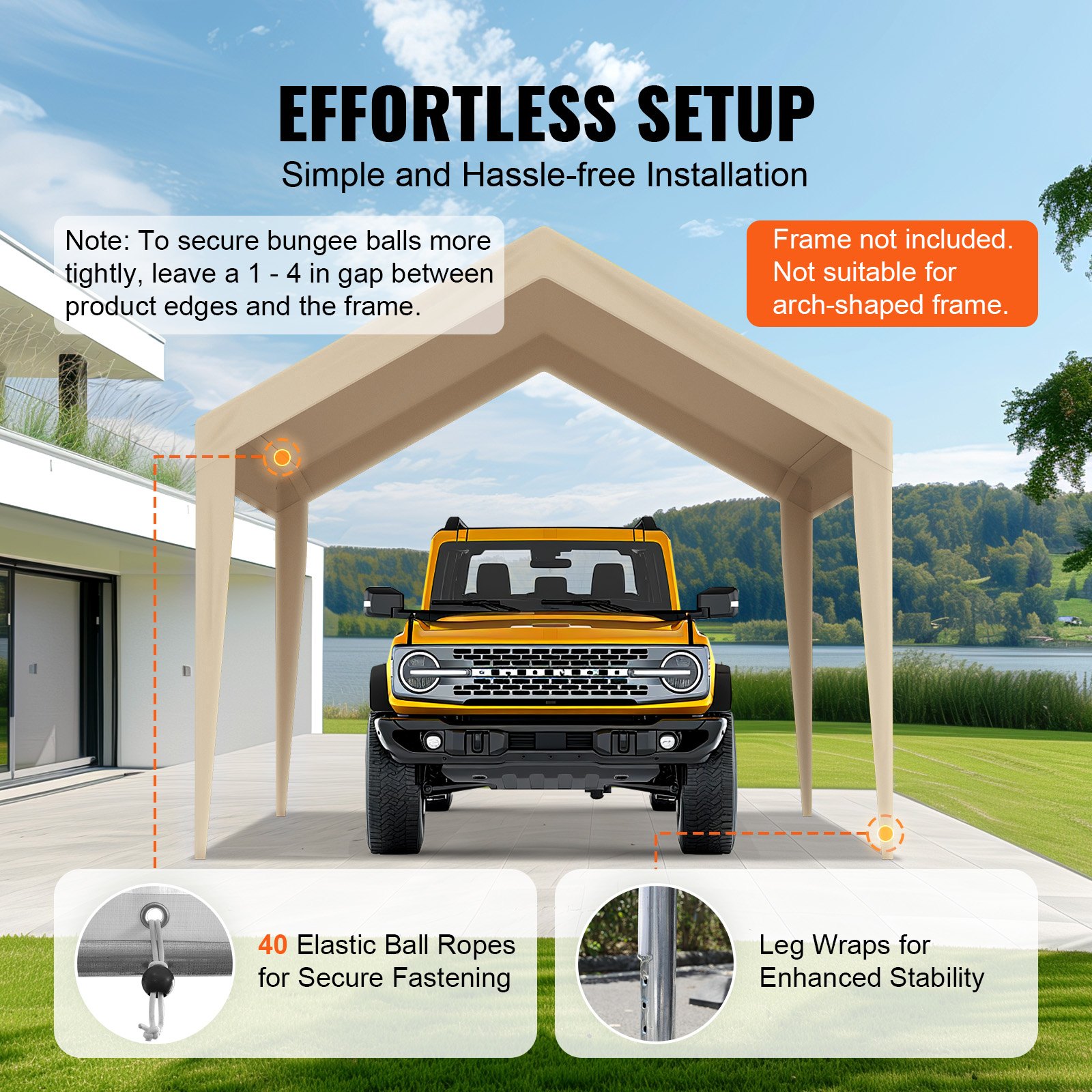 VEVOR Carport Replacement Canopy Cover 10 x 20 ft, Garage Top Tent Shelter Tarp Heavy-Duty Waterproof & UV Protected, Easy Installation with Ball Bungees,Beige (Only Top Cover, Frame Not Include)