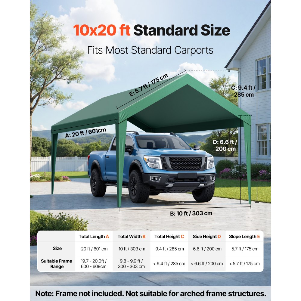 VEVOR Carport Replacement Canopy, 10 x 20 ft Potable Garage Tent Top Tarp, UV-Resistant & Waterproof Car Shelter Tarp, Heavy Duty Car Port Cover with Ball Buggees, Dark Green, Frame Not Included