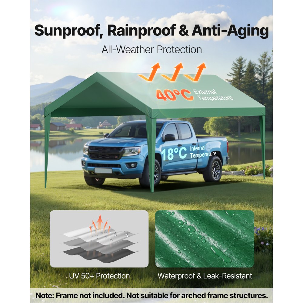 VEVOR Carport Replacement Canopy, 10 x 20 ft Potable Garage Tent Top Tarp, UV-Resistant & Waterproof Car Shelter Tarp, Heavy Duty Car Port Cover with Ball Buggees, Dark Green, Frame Not Included