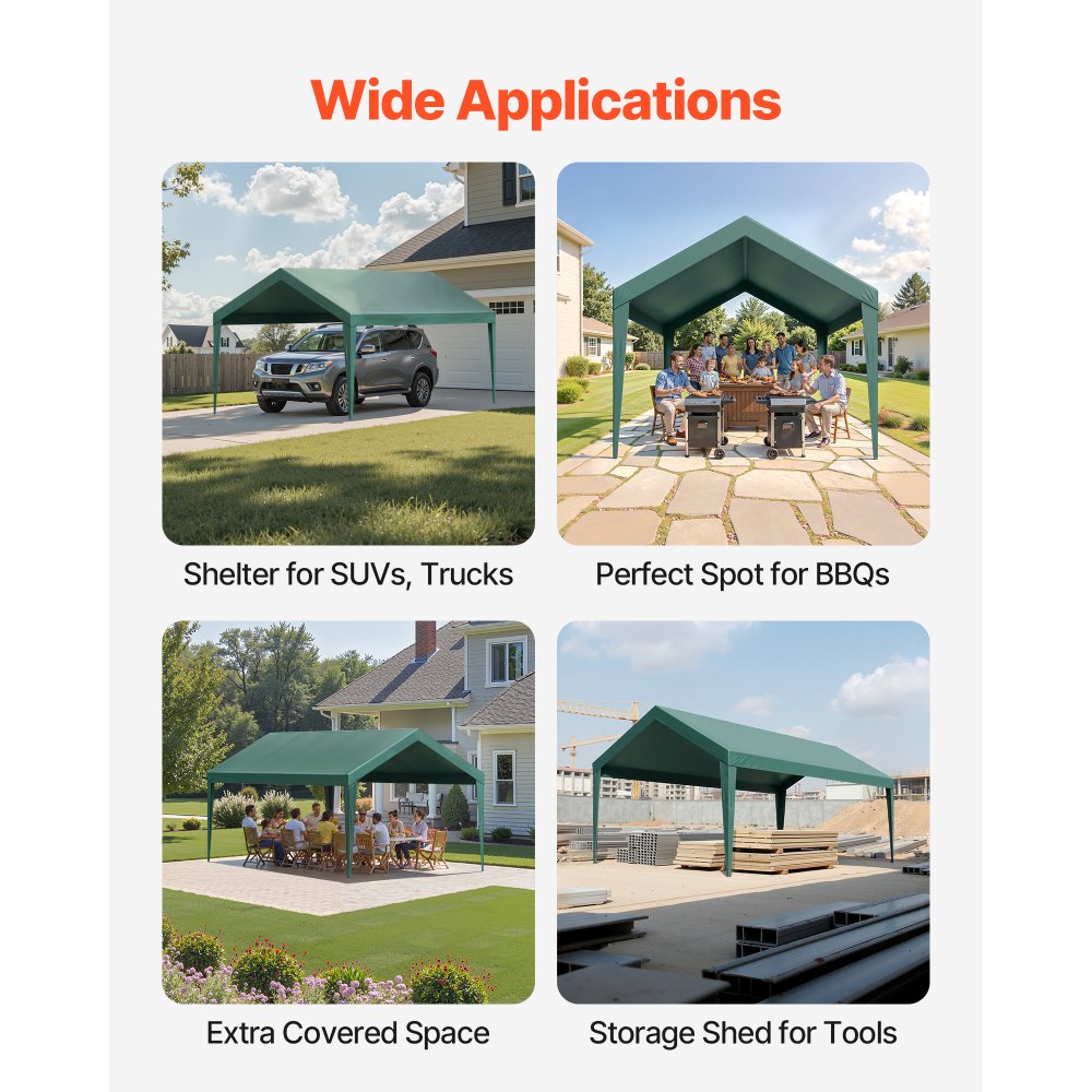 VEVOR Carport Replacement Canopy, 10 x 20 ft Potable Garage Tent Top Tarp, UV-Resistant & Waterproof Car Shelter Tarp, Heavy Duty Car Port Cover with Ball Buggees, Dark Green, Frame Not Included