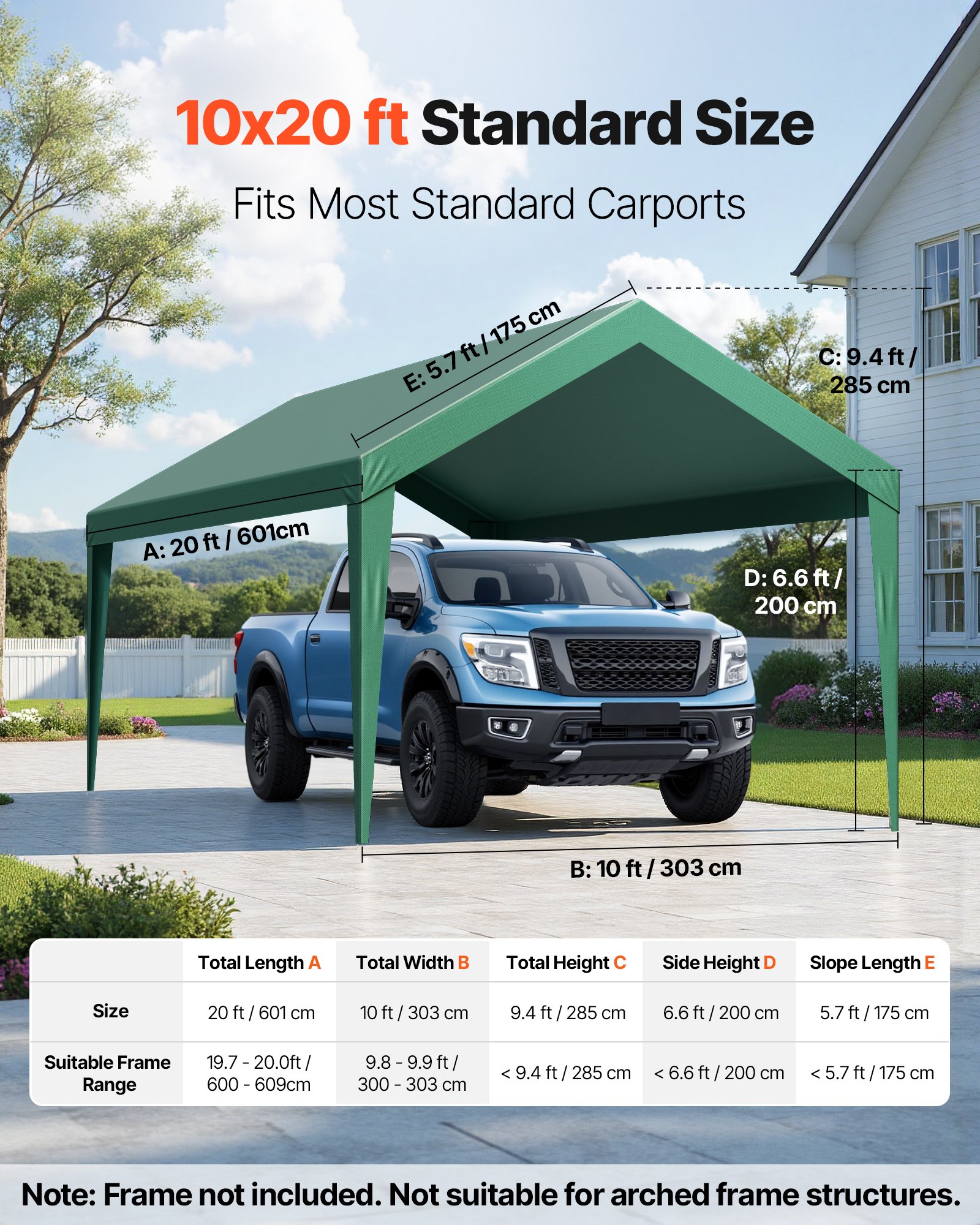 VEVOR Carport Replacement Canopy, 6 x 3 m Potable Garage Tent Top Tarp, UV-Resistant & Waterproof Car Shelter Tarp, Heavy Duty Car Port Cover with Ball Buggees, Dark Green, Frame Not Included