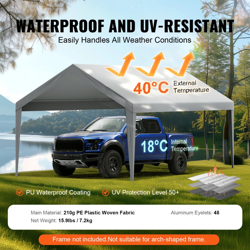 VEVOR Carport Replacement Canopy Cover 6 x 3.6 m, Garage Top Tent Shelter Tarp Heavy-Duty Waterproof & UV Protected, Easy Installation with Ball Bungees,Grey (Only Top Cover, Frame Not Include)