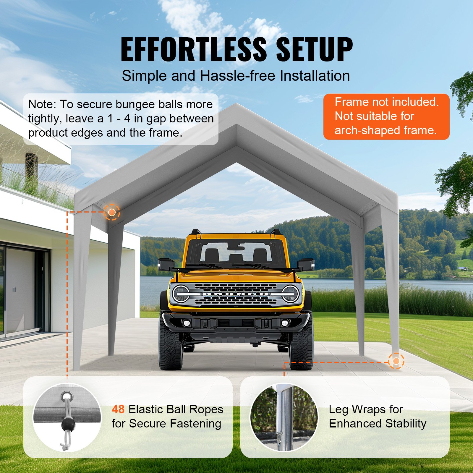 VEVOR Carport Replacement Canopy Cover 6 x 3.6 m, Garage Top Tent Shelter Tarp Heavy-Duty Waterproof & UV Protected, Easy Installation with Ball Bungees,Grey (Only Top Cover, Frame Not Include)