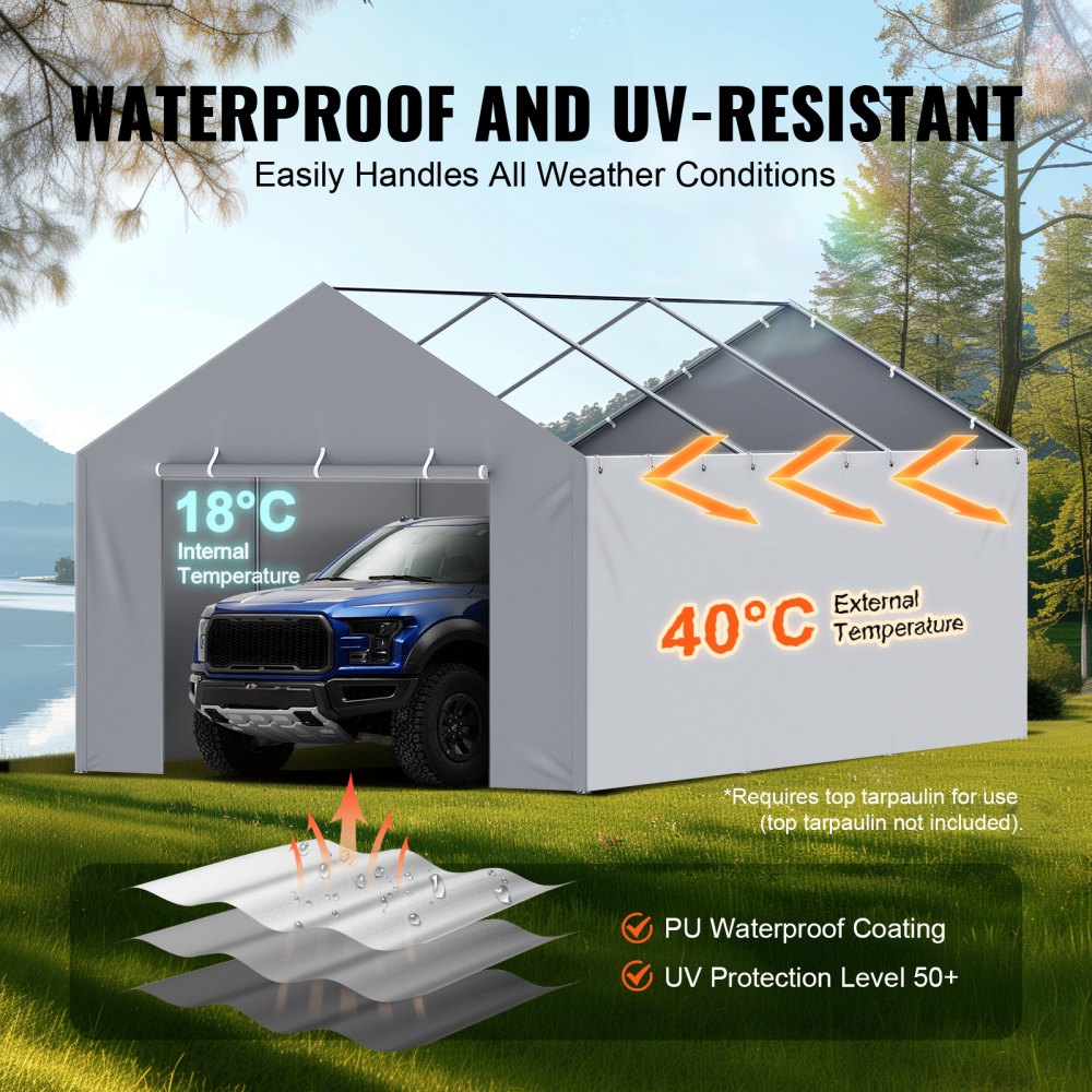 VEVOR Carport Replacement Canopy Cover Side Wall 12 x 20 ft, Garage Tent Shelter Tarp Heavy-Duty Waterproof & UV Protected, Easy Installation with Ball Bungees,Grey (Top and Frame Not Included)