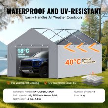 VEVOR Carport Replacement Canopy Cover Side Wall 12 x 20 ft, Garage Tent Shelter Tarp Heavy-Duty Waterproof & UV Protected, Easy Installation with Ball Bungees,Grey (Top and Frame Not Included)