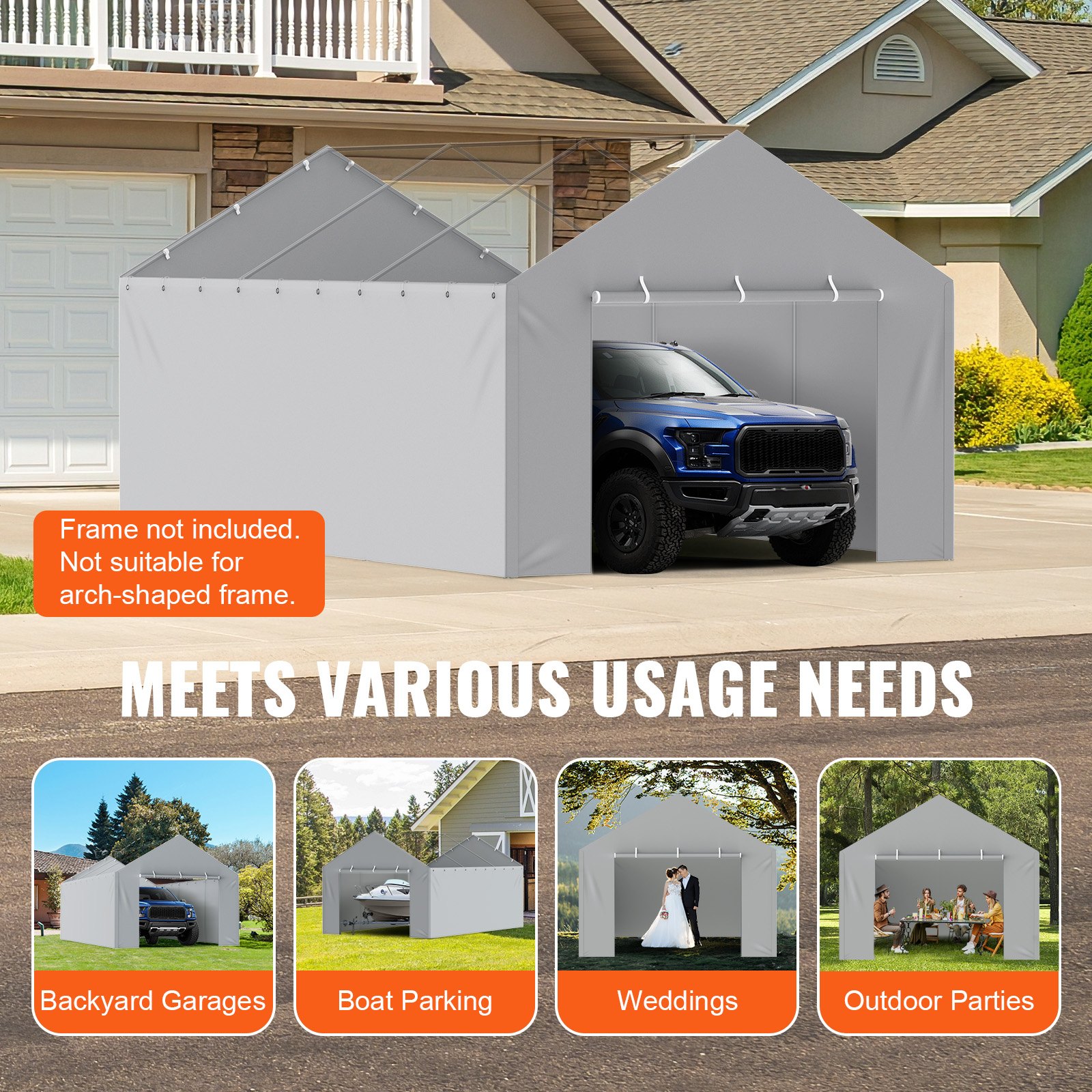 VEVOR Carport Replacement Canopy Cover Side Wall 12 x 20 ft, Garage Tent Shelter Tarp Heavy-Duty Waterproof & UV Protected, Easy Installation with Ball Bungees,Grey (Top and Frame Not Included)