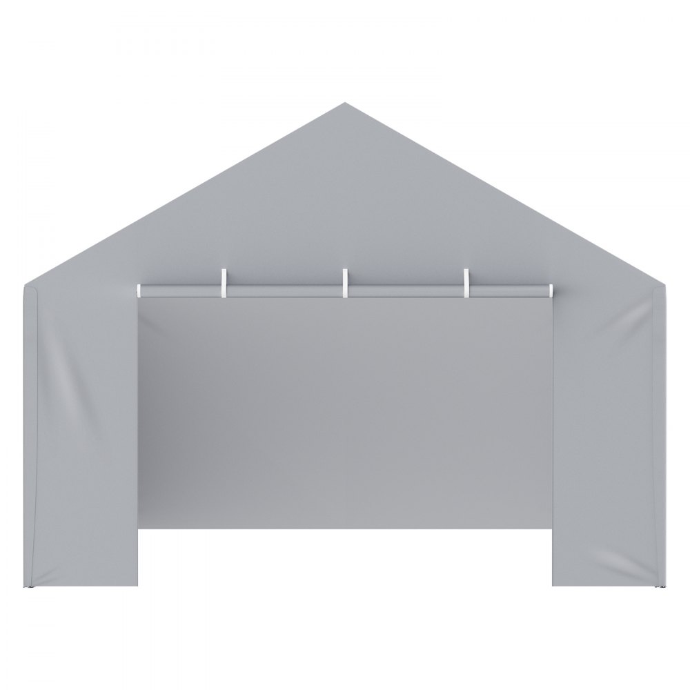 Cubierta para cochera VEVOR gris con techo triangular y puerta de tela enrollable.