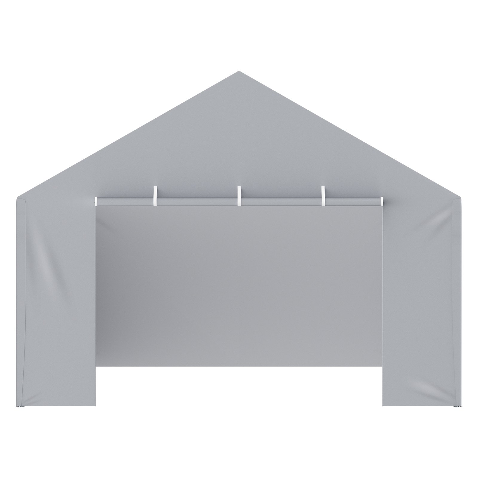 Cubierta para cochera VEVOR gris con techo triangular y puerta de tela enrollable.
