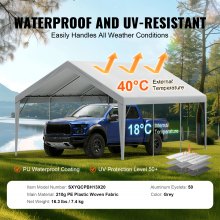 VEVOR Carport Udskiftning Baldakin Cover 13 x 20 ft, Garage Top Telt Shelter Tarp Heavy-Duty Vandtæt & UV-beskyttet, Nem installation med Ball Bungees, Grå (Kun Top Cover, Ramme medfølger ikke)