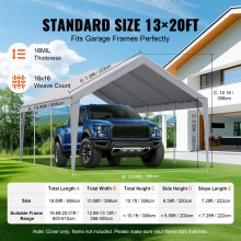 VEVOR Carport Udskiftning Baldakin Cover 13 x 20 ft, Garage Top Telt Shelter Tarp Heavy-Duty Vandtæt & UV-beskyttet, Nem installation med Ball Bungees, Grå (Kun Top Cover, Ramme medfølger ikke)