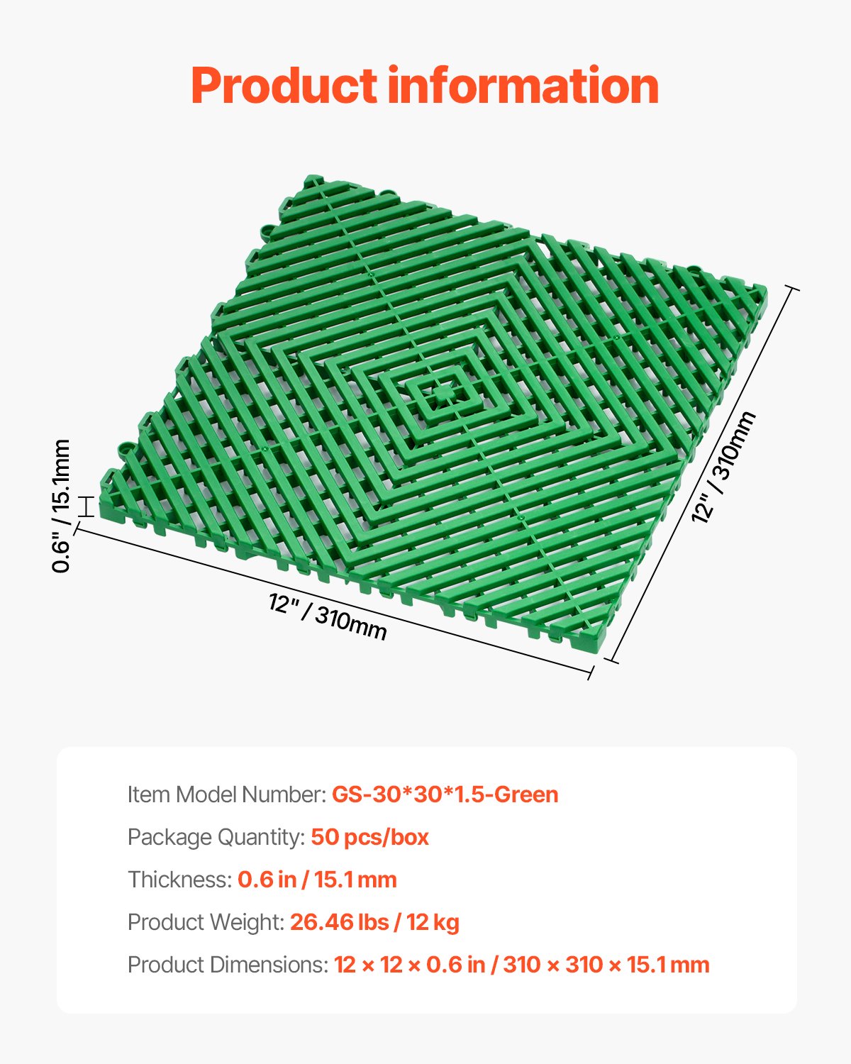 VEVOR Interlocking Drainage Mat Drainage Cushion 12” x 12” Modular Floor Tile