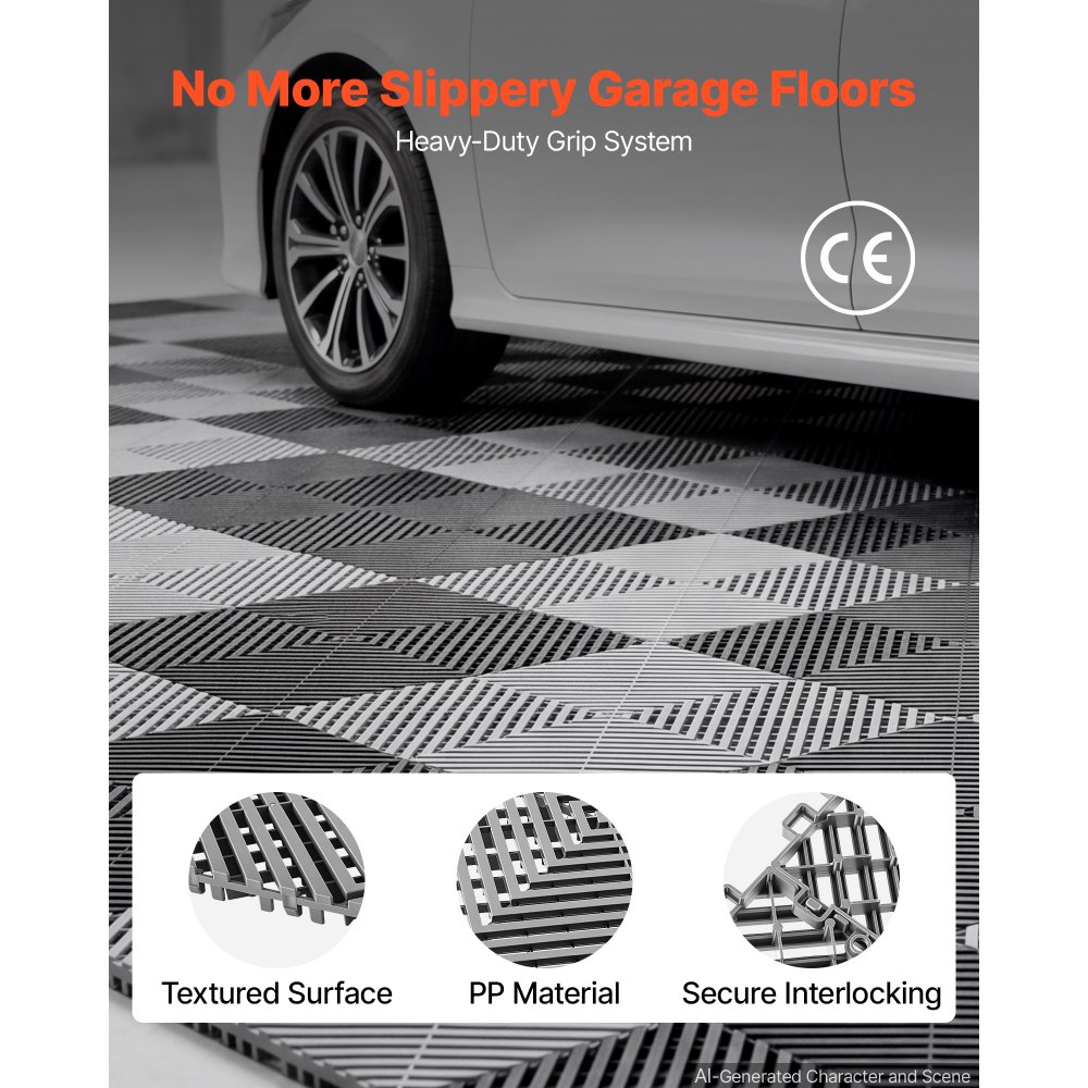 VEVOR Interlocking Drainage Mats 100 Pack 300x300 mm Dark Gray Floor Tiles, for Garages Basements Car Wash Shops, Non-Slip Heavy-Duty PP Modular Interlocking Cushion, 15 mm Thickened, Easy to Clean