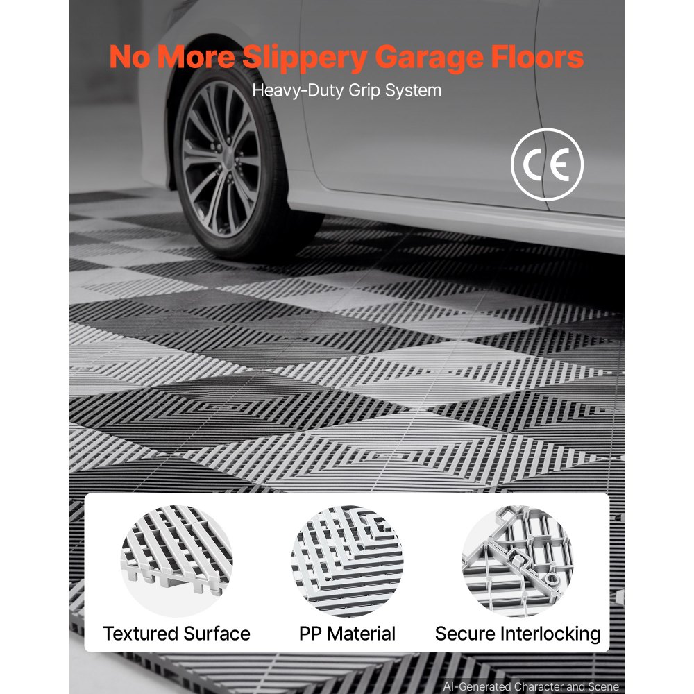 VEVOR Interlocking Drainage Mats 50 Pack 300x300 mm Light Gray Floor Tiles, for Garages Basements Car Wash Shops, Non-Slip Heavy-Duty PP Modular Interlocking Cushion, 15 mm Thickened, Easy to Clean
