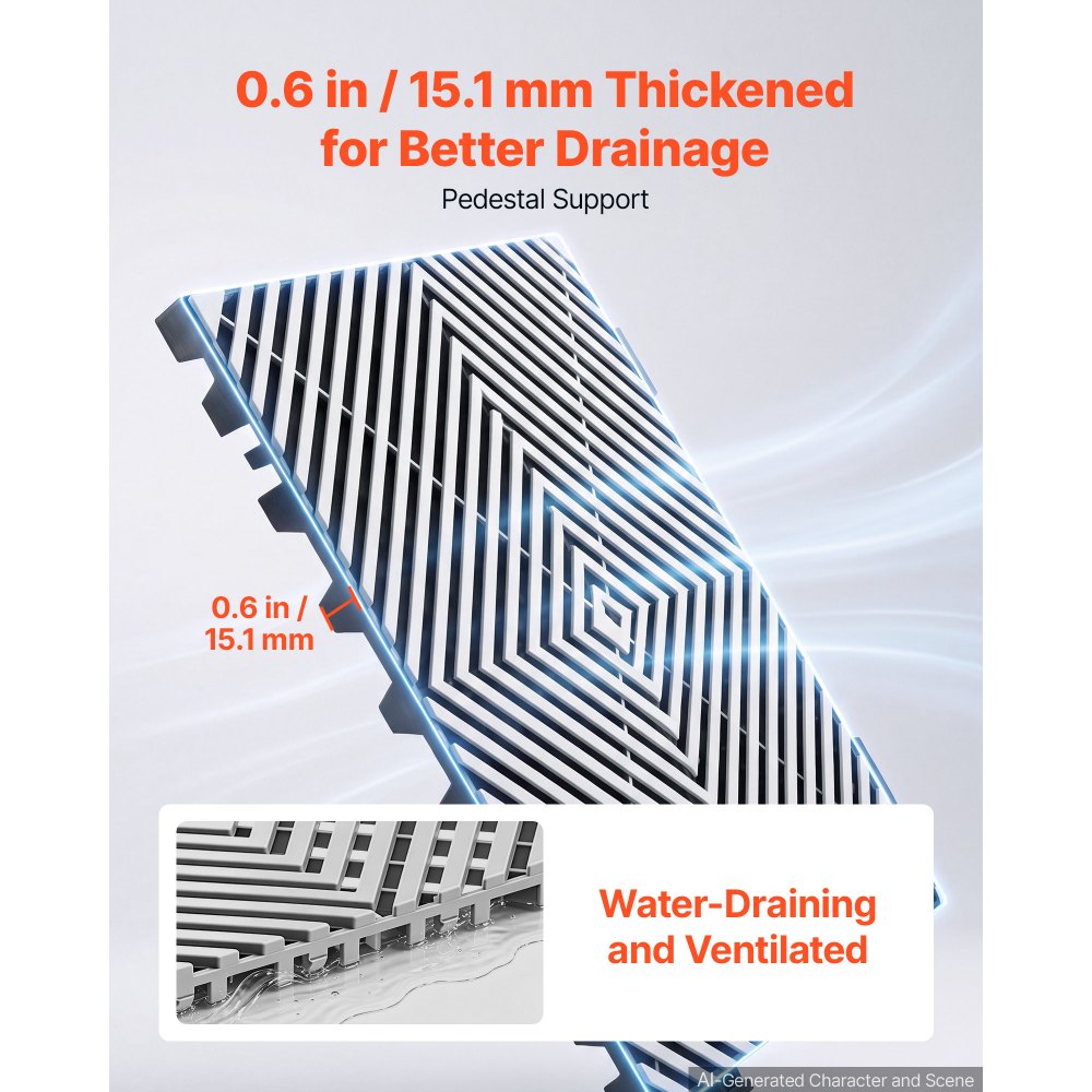 VEVOR Interlocking Drainage Mats 50 Pack 300x300 mm Light Gray Floor Tiles, for Garages Basements Car Wash Shops, Non-Slip Heavy-Duty PP Modular Interlocking Cushion, 15 mm Thickened, Easy to Clean