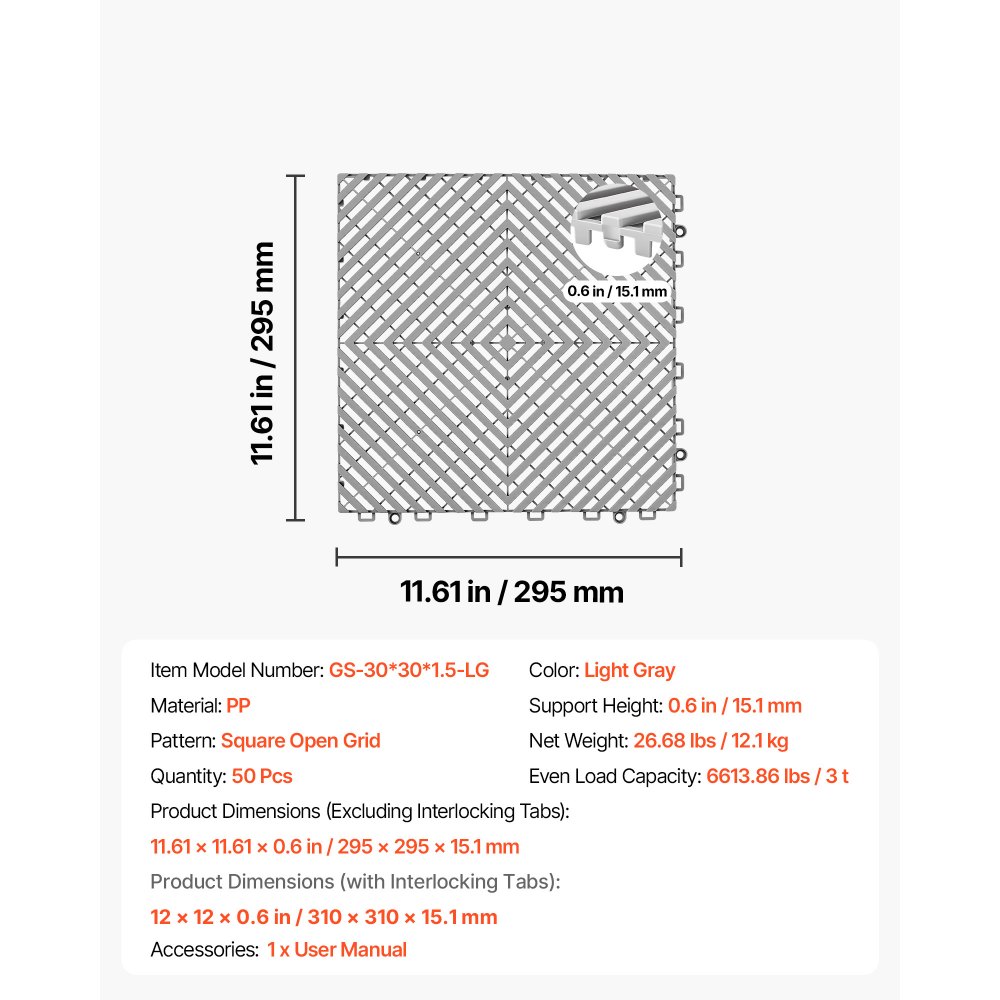 VEVOR Interlocking Drainage Mats 50 Pack 300x300 mm Light Gray Floor Tiles, for Garages Basements Car Wash Shops, Non-Slip Heavy-Duty PP Modular Interlocking Cushion, 15 mm Thickened, Easy to Clean