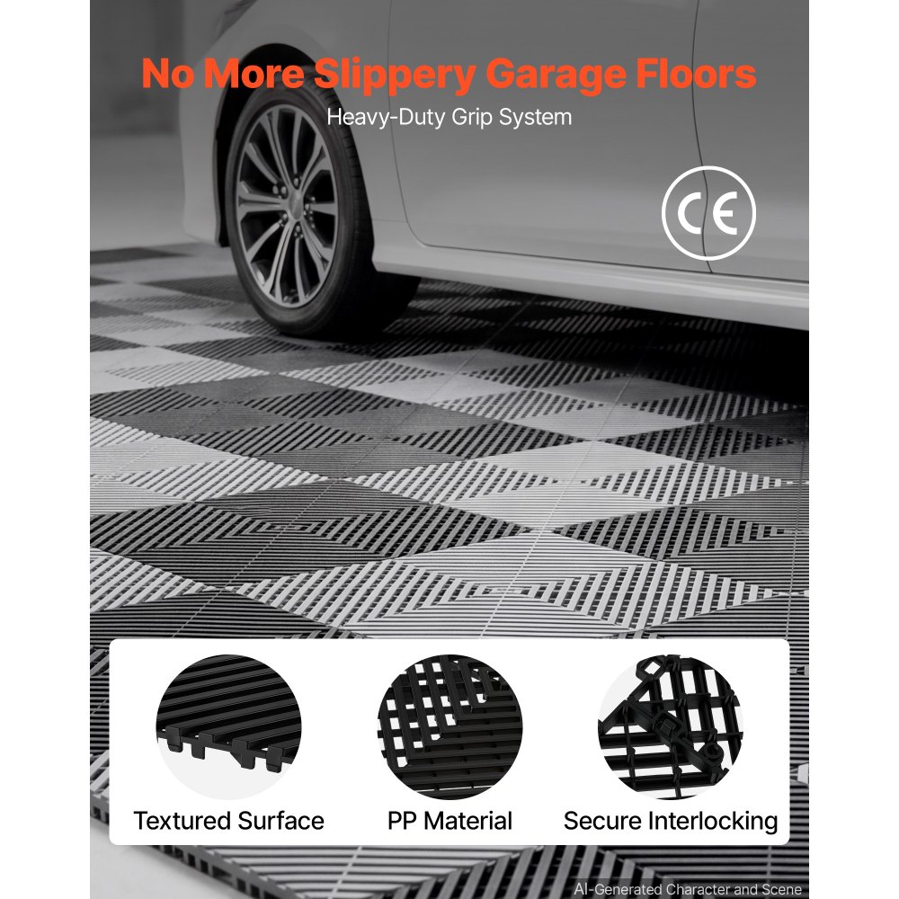 VEVOR Interlocking Drainage Mats 75 Pack 300x300 mm Black Floor Tiles, for Garages Basements Car Wash Shops, Non-Slip Heavy-Duty PP Modular Interlocking Cushion, 15 mm Thickened, Easy to Clean