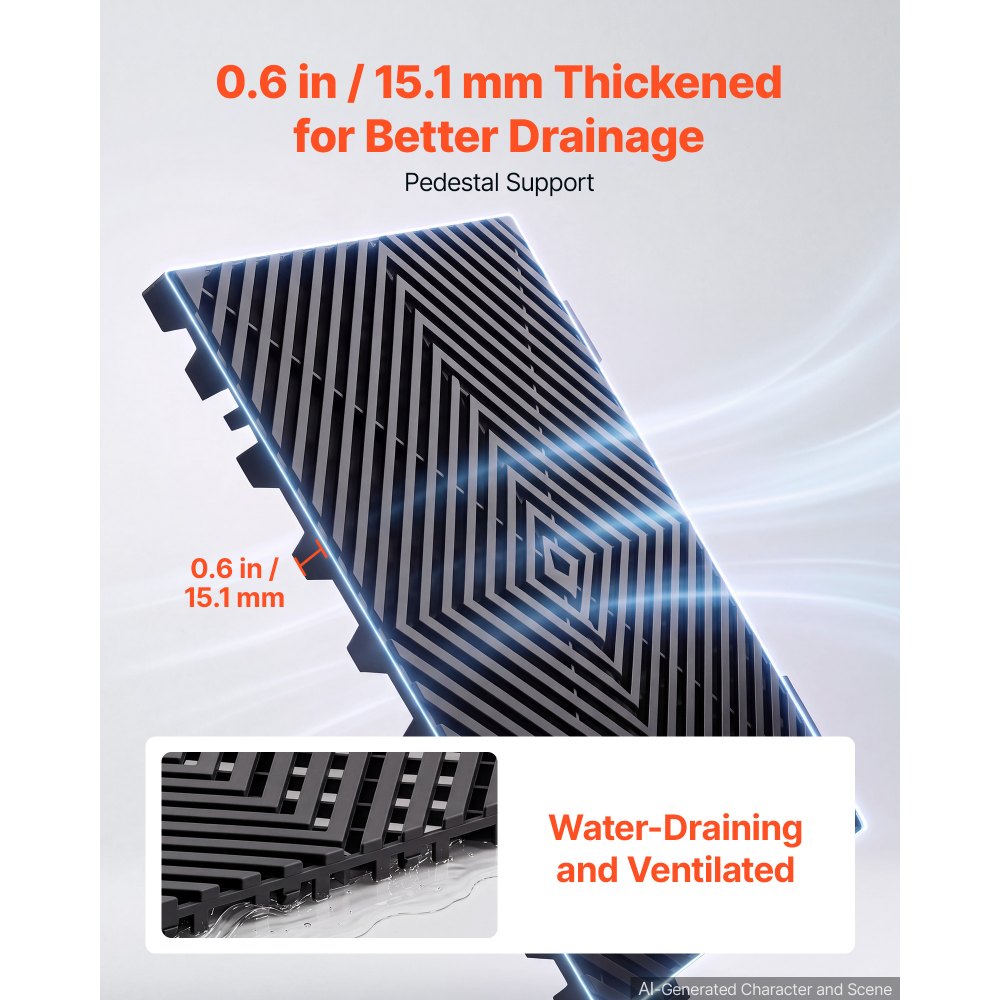 VEVOR Interlocking Drainage Mats 75 Pack 300x300 mm Black Floor Tiles, for Garages Basements Car Wash Shops, Non-Slip Heavy-Duty PP Modular Interlocking Cushion, 15 mm Thickened, Easy to Clean