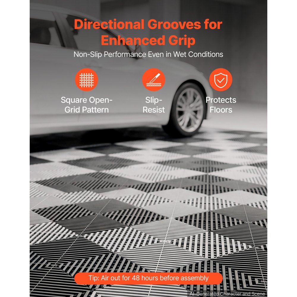 VEVOR Interlocking Drainage Mats 75 Pack 300x300 mm Black Floor Tiles, for Garages Basements Car Wash Shops, Non-Slip Heavy-Duty PP Modular Interlocking Cushion, 15 mm Thickened, Easy to Clean