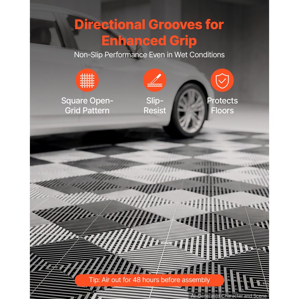 VEVOR Interlocking Drainage Mats 75 Pack 300x300 mm Dark Gray Floor Tiles, for Garages Basements Car Wash Shops, Non-Slip Heavy-Duty PP Modular Interlocking Cushion, 15 mm Thickened, Easy to Clean