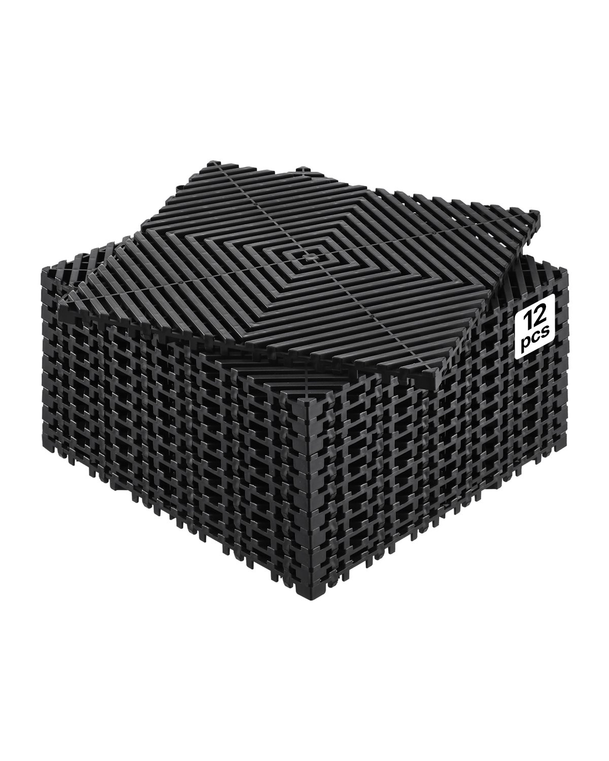 VEVOR összekapcsolódó vízelvezető szőnyeg, 12” x 12” moduláris összekapcsolódó párna, 12 db illesztő vízelvezető szőnyeg, csúszásmentes fekete PP vízelvezető padlólap és zuhanyszőnyeg, garázsba, kertbe, konyhába és kültérre