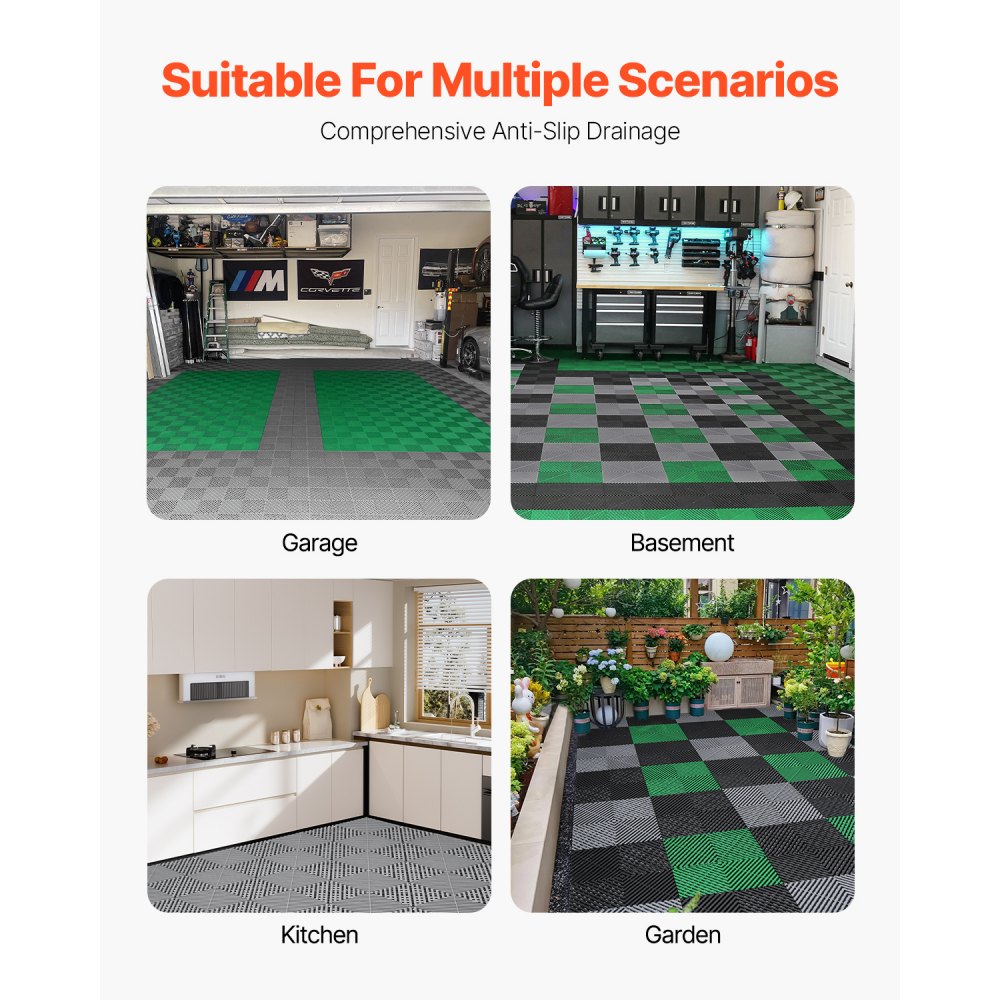 VEVOR Interlocking Drainage Mat, 12” x 12” Modular Interlocking Cushion, 24 Pcs Splicing Drainage Mats, Non-Slip Gray PP Drainage Floor Tile and Shower Mat, for Garage, Garden, Kitchen & Outdoor