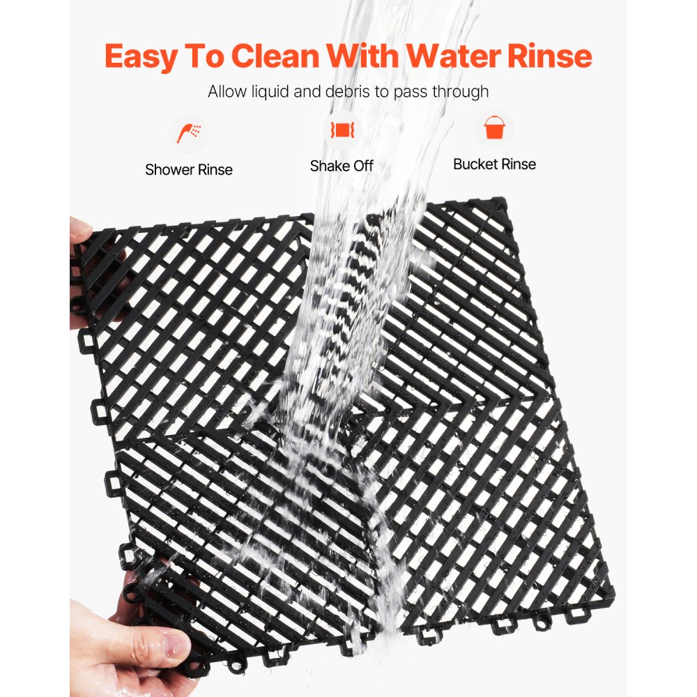 VEVOR Interlocking Drainage Mat, 12” x 12” Modular Interlocking Cushion, 50 Pcs Splicing Drainage Mats, Non-Slip Black PP Drainage Floor Tile and Shower Mat, for Garage, Garden, Kitchen & Outdoor