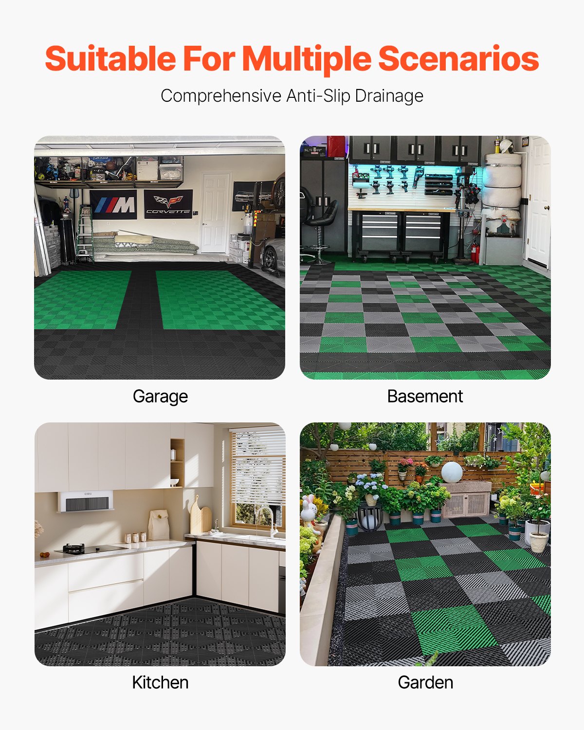 VEVOR Interlocking Drainage Mat, 31 x 31 cm Modular Interlocking Cushion, 55 Pcs Splicing Drainage Mats, Non-Slip Black PP Drainage Floor Tile and Shower Mat, for Garage, Garden, Kitchen & Outdoor