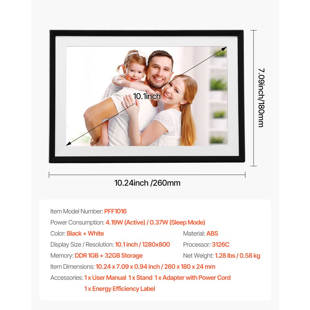 VEVOR 260x180mm (10 inch) Digital Picture Frame 32GB IPS Touchscreen Wi-Fi Photo Frame