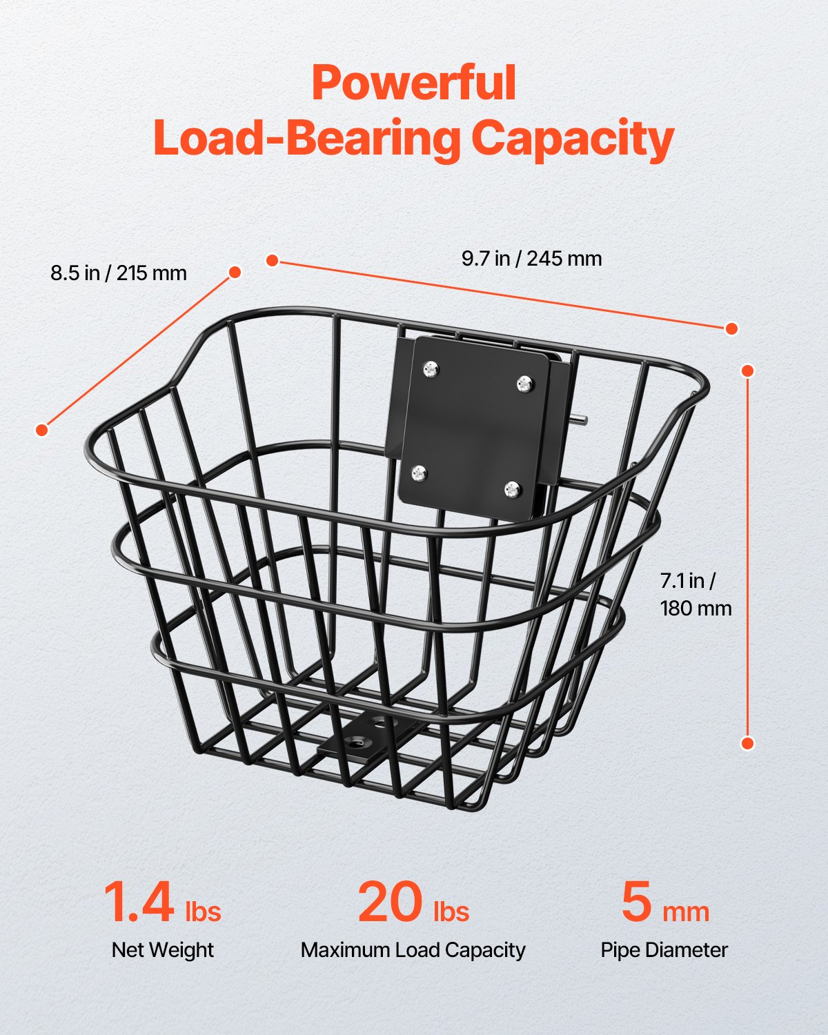 VEVOR Front Bike Basket, Electric Scooter Basket with Fixed Bracket - Max Bearing 9 kg, Construct from Solid Steel, Kids Bike Basket/Adult Bicycle Basket/Knee Electric Scooter Accessories
