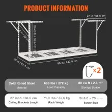 VEVOR Overhead Garage Storage Rack, 36x96 inch Garage Ceiling Storage Racks, Heavy Duty Adjustable Cold Rolled Steel Racks for Garage Storage, Organization, 600 lbs Load Capacity, 22''-40", White