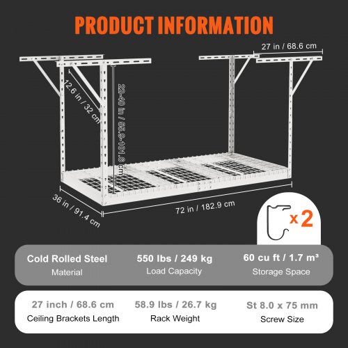 VEVOR Overhead Garage Storage Rack, 3x6 Garage Ceiling Storage Racks, Heavy Duty Adjustable Cold Rolled Steel Racks for Garage Storage, Organization, 550 lbs Load Capacity, 22''-40" (White)