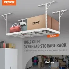 VEVOR Overhead Garage Storage Rack, 48x96 inch Garage Ceiling Storage Racks, Heavy Duty Adjustable Cold Rolled Steel Racks for Garage Storage, Organization, 600 lbs Load Capacity, 22''-40", White