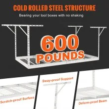VEVOR Overhead Garage Storage Rack, 48x96 inch Garage Ceiling Storage Racks, Heavy Duty Adjustable Cold Rolled Steel Racks for Garage Storage, Organization, 600 lbs Load Capacity, 22''-40", White