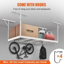 VEVOR Overhead Garage Storage Rack, 48x96 inch Garage Ceiling Storage Racks, Heavy Duty Adjustable Cold Rolled Steel Racks for Garage Storage, Organization, 600 lbs Load Capacity, 22''-40", White