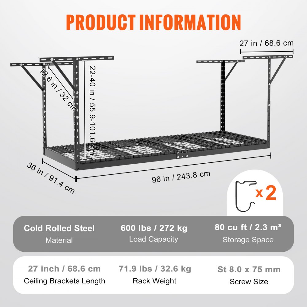 VEVOR overhead garage storage rack with 600 lbs load capacity, 80 cu ft storage, and steel construction.
