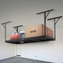 VEVOR overhead garage storage rack with suitcases and boxes, maximizing ceiling space in a clean garage.