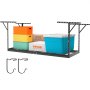 VEVOR overhead garage storage rack holding colorful bins, blue cooler, and 600-pound rated box.