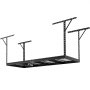 VEVOR overhead garage storage rack with black metal frame and adjustable ceiling mounts.