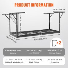 VEVOR Overhead Garage Storage Rack, 36x96 inch Garage Ceiling Storage Racks, Heavy Duty Adjustable Cold Rolled Steel Racks for Garage Storage, Organization, 600 lbs Load Capacity, 22''-40", Black