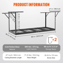 VEVOR Overhead Garage Storage Rack, 3x8 Garage Ceiling Storage Racks, Heavy Duty Adjustable Cold Rolled Steel Racks for Garage Storage, Organization, 600 lbs Load Capacity, 22''-40"(Black)