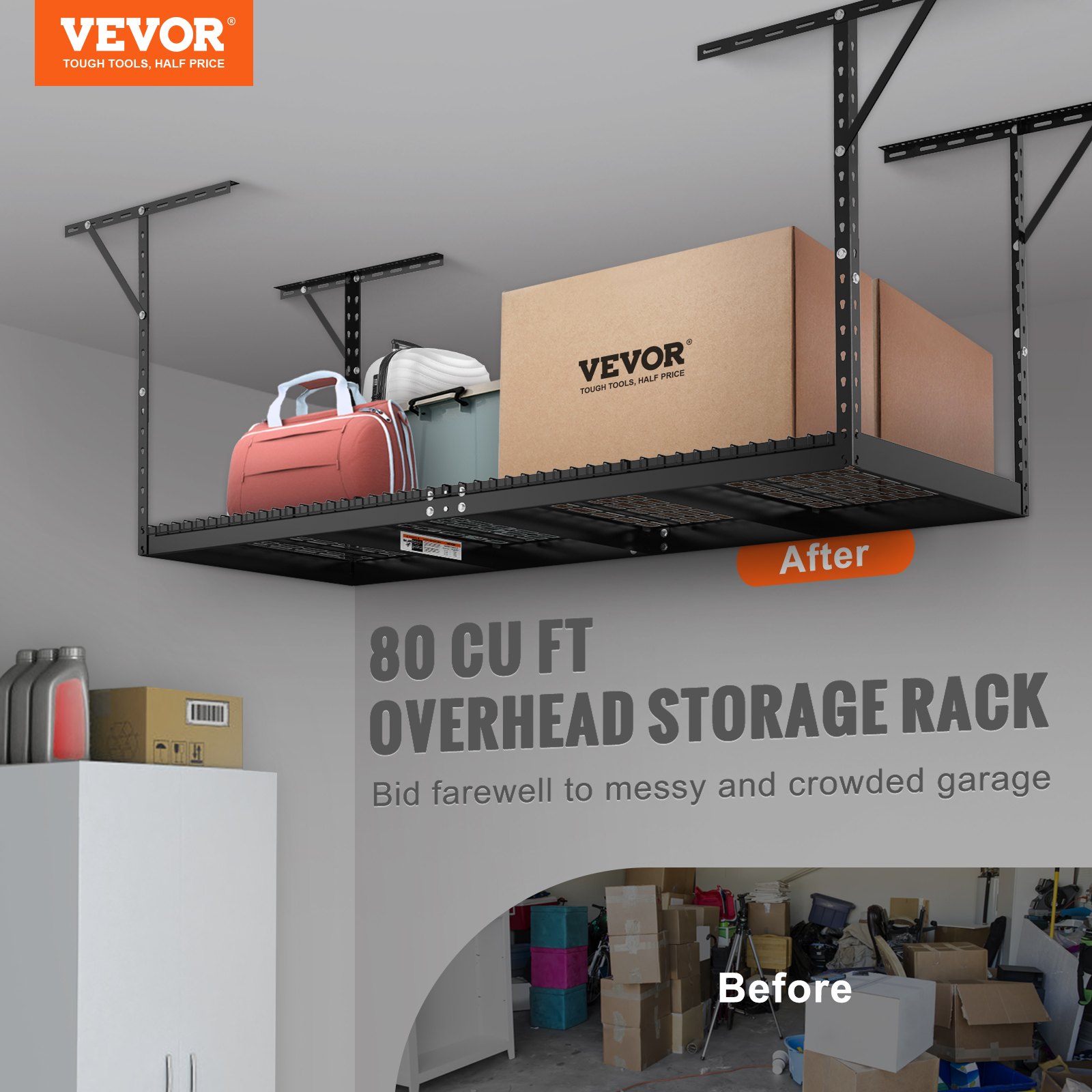 VEVOR overhead garage storage rack with 80 cu ft capacity, organizing items above a garage space.