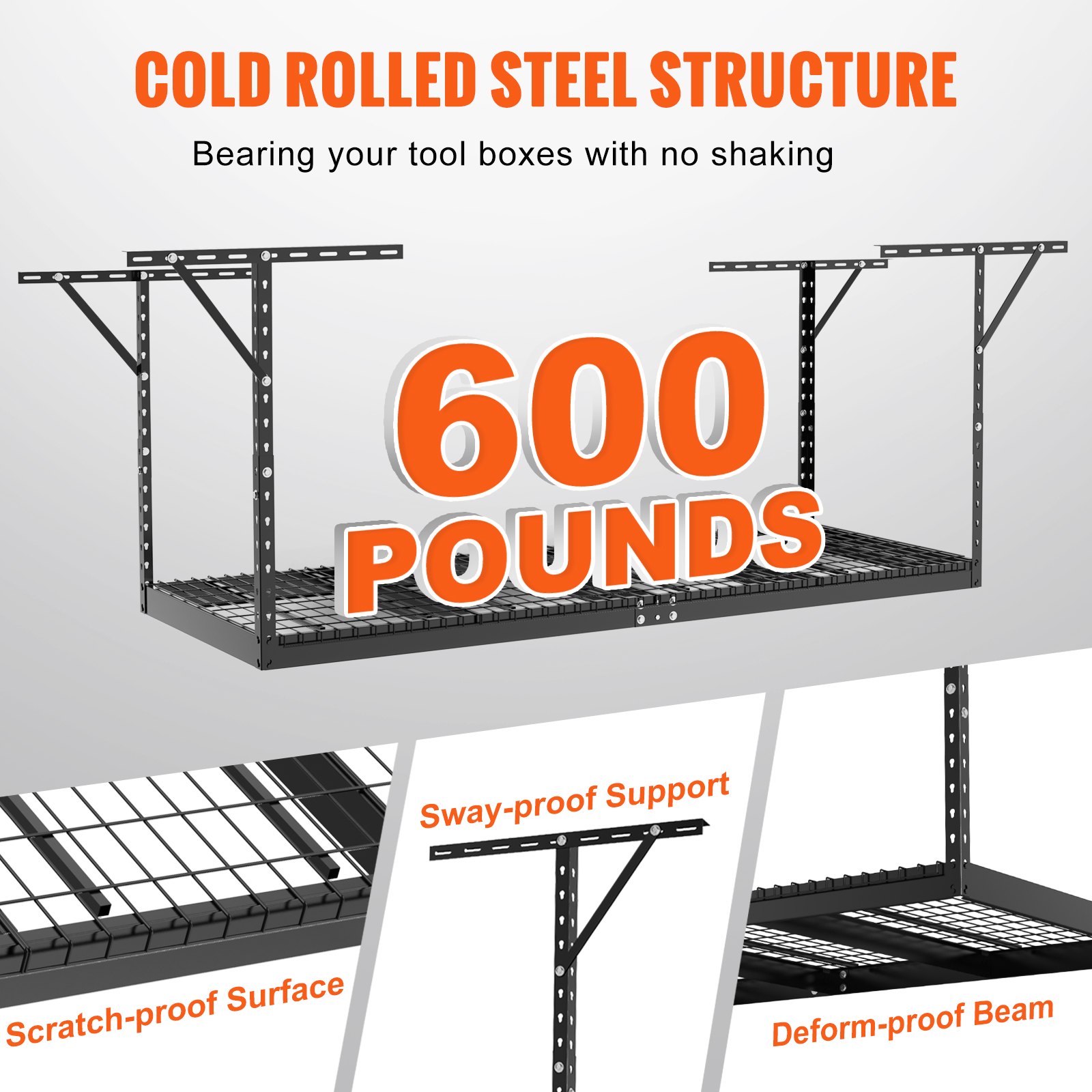 VEVOR overhead garage storage rack with 600 lbs capacity, cold-rolled steel, scratch-proof, sway-proof.