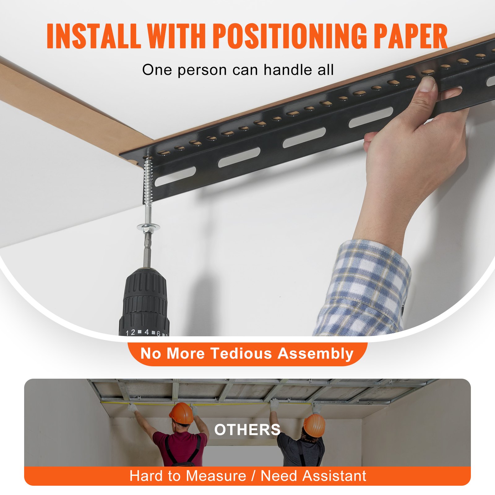 hand installing VEVOR overhead garage storage rack with drill and positioning paper, easy assembly.