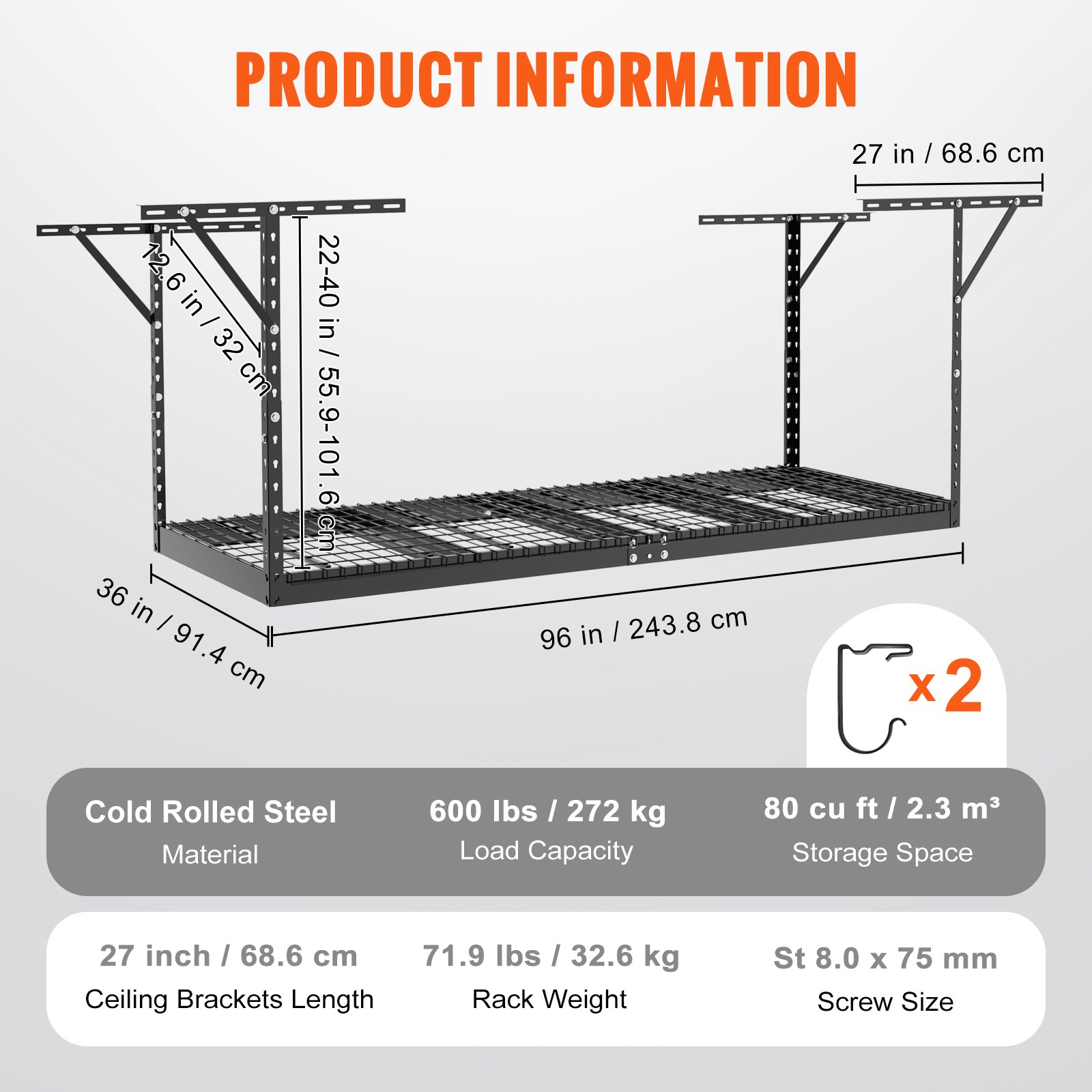 VEVOR overhead garage storage rack with 600 lbs load capacity, 80 cu ft storage, and steel construction.